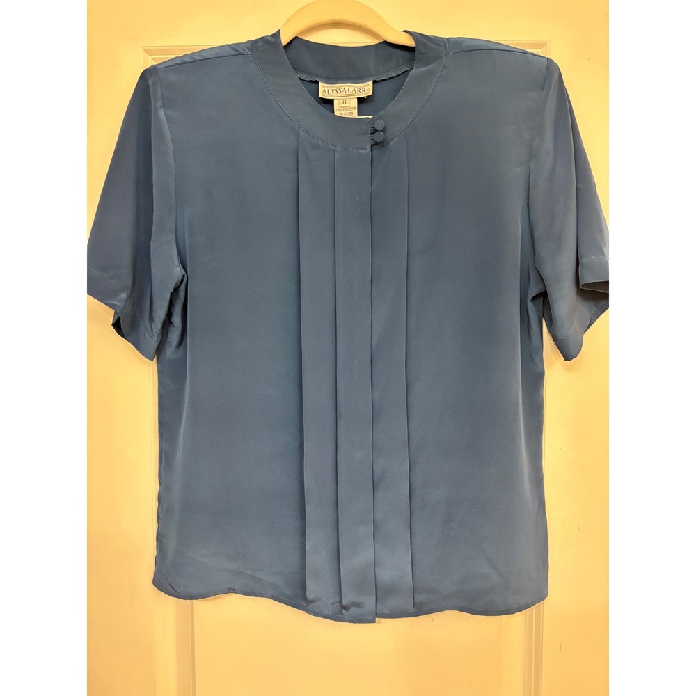 Alyssa Carr Vintage Steel Blue Pleated Hidden Button Blouse Short Sleeve Size 8
